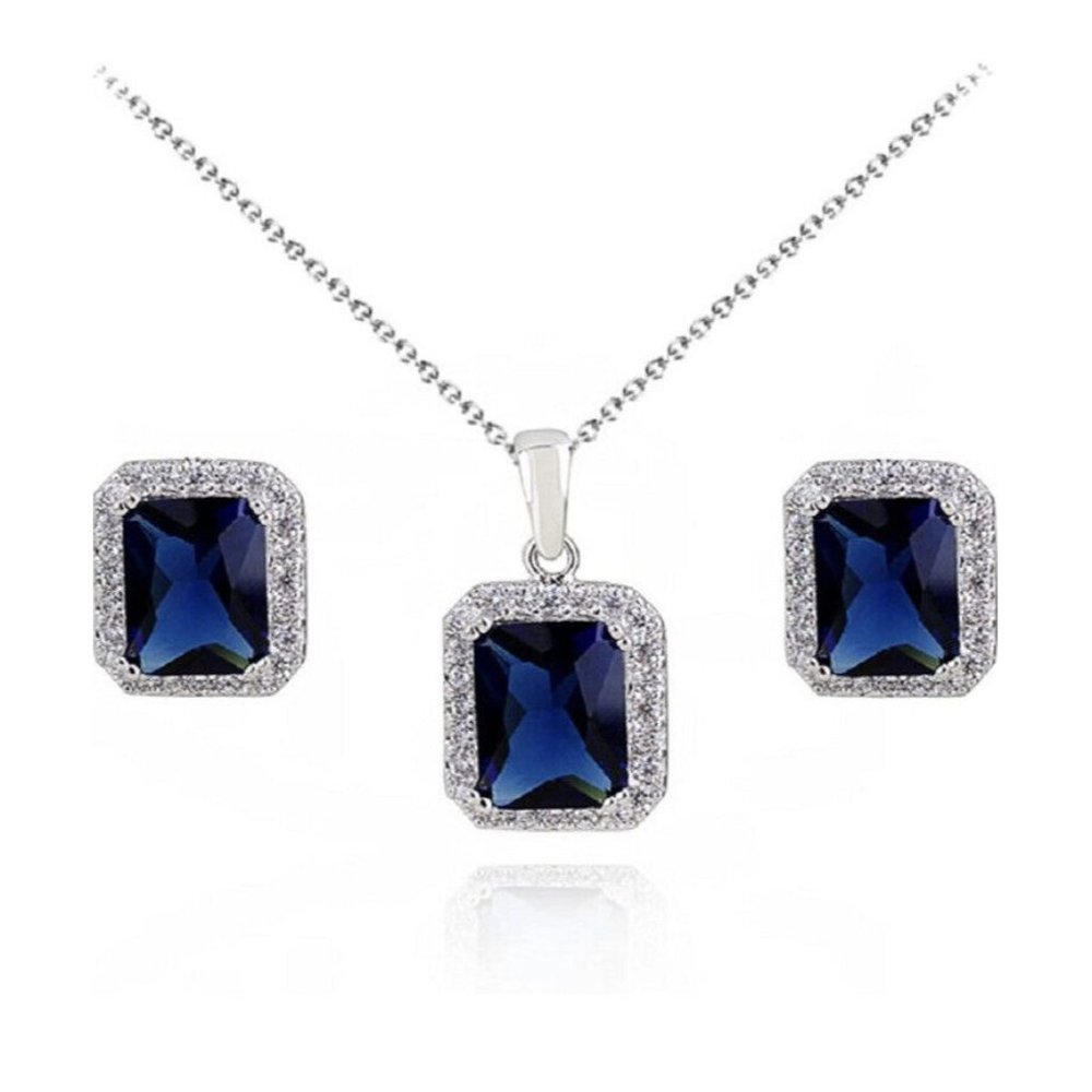 Crystalline Azuria Rose Blue Sapphire Necklace and Earrings Set Jewelry NEW
